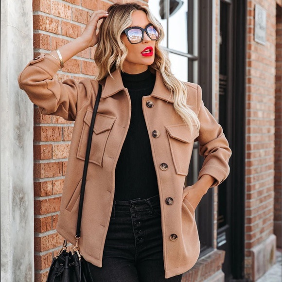 Jaiden Pocketed Button Down Summer Jacket Camel Tan Shirt Jacket Top XS - Picture 2 of 9